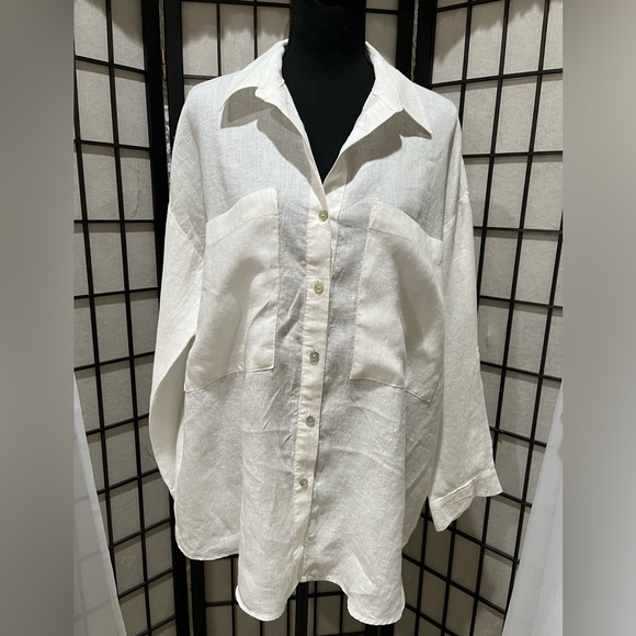 Magaschoni White Linen OVERSIZED RELAXED FIT, BUTTON DOWN SHIRT, WOMEN SIZE M - Picture 4 of 11